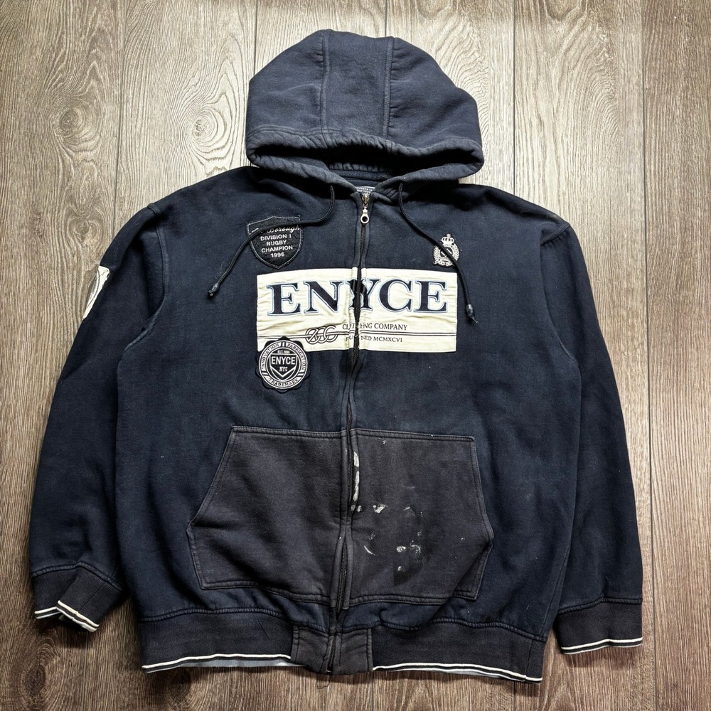 Enyce Mens Large Vintage Full Zip Hoodie Navy Blue Graphic Patch Streetwear